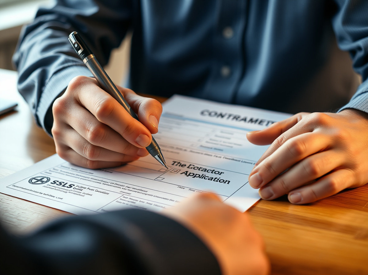Close-up of a contractor's hands reviewing a state licensing application form and checklist